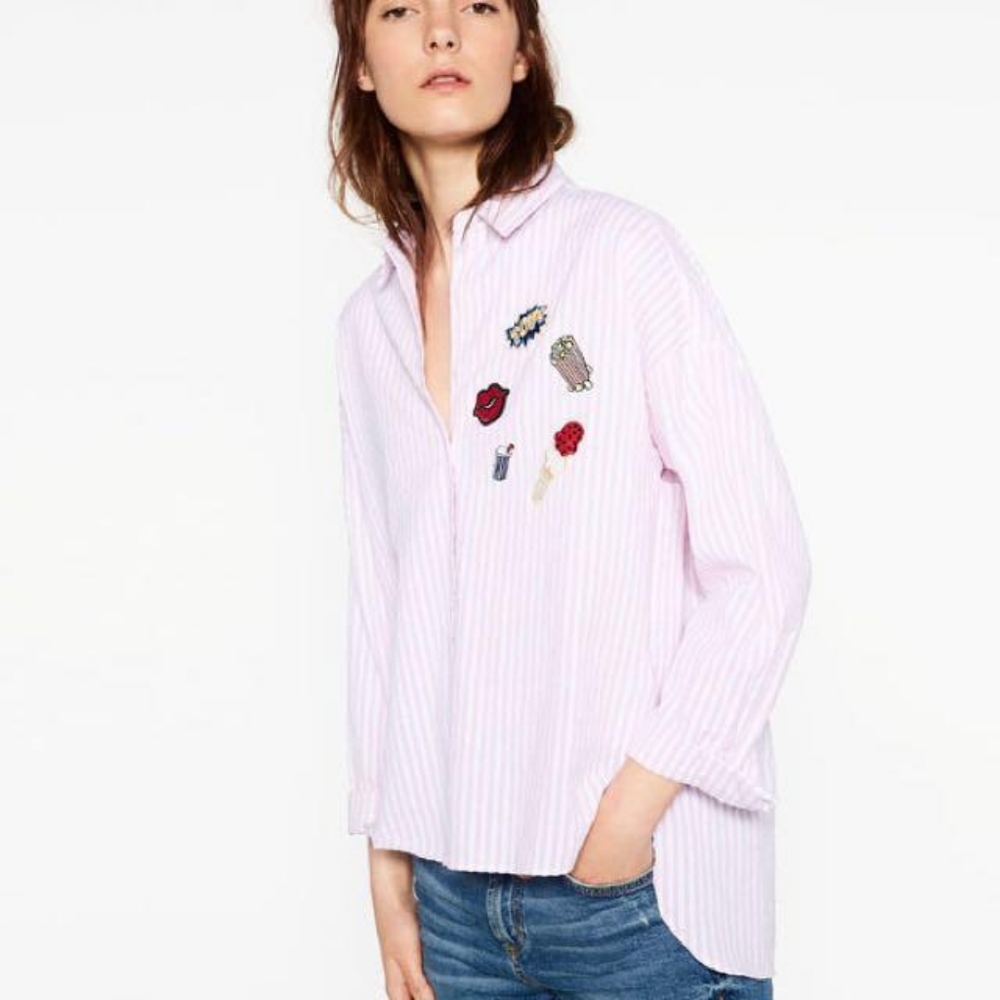 SOLD π« Zara Basic Poplin Popcorn Fun Patch Pink Striped Collared Shirt, Small - Picture 3 of 7